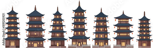 Collection of Traditional Chinese Pagodas in Varying Heights.