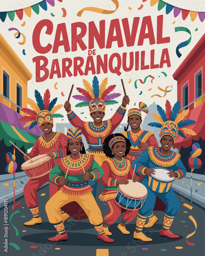 Carnaval de Barranquilla Drummers and Dancers with Vibrant Costumes and Festive Typography