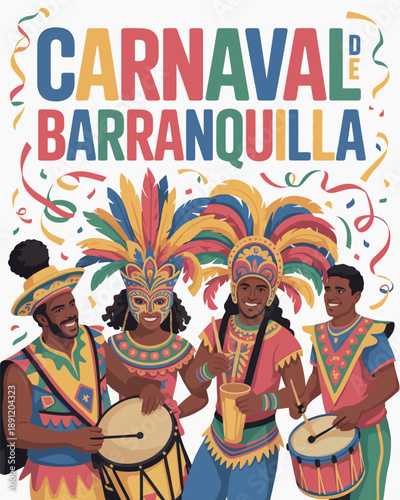 Carnaval de Barranquilla Drummers and Dancers with Vibrant Costumes and Festive Typography