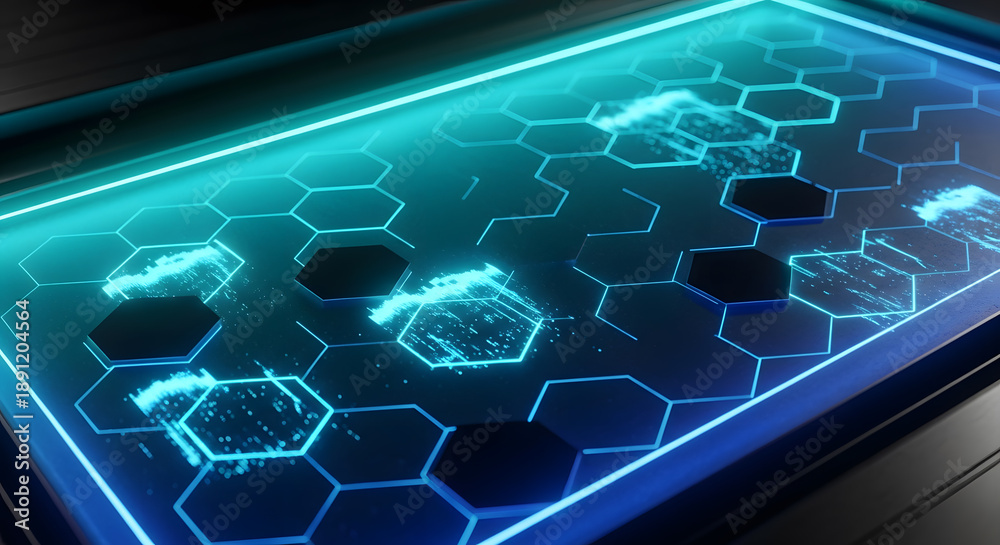 Fototapeta premium Digital hexagonal grid with glowing blue circuit patterns on transparent surface