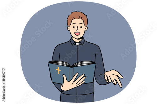 Man priest reads bible and gestures calling on people to accept christian or catholic religion. Positive guy in priest clothes studying sermons and holy scriptures from gospel for work in church