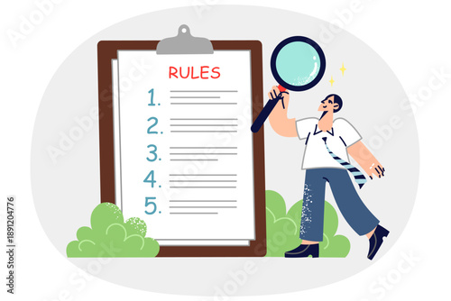 Businessman is studying clipboard with rules for employees company, holding magnifying glass in hand