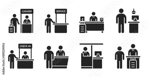 check in counter silhouette icon set for travel and customer service needs, vector illustrations ideal for airports, hotels, tourism services, navigation systems, and service interface design.