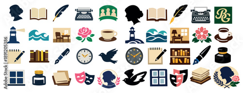 Virginia Woolf Birthday Literature Icon Set with Books Writing and Blooms