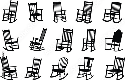 Flat vector illustration, black silhouette set of sixteen rocking chair designs with varied backrests, armrests, seats, and rocker shapes