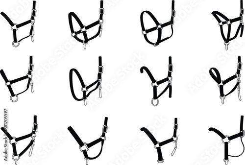 Flat vector illustration, black silhouette set of twelve horse halter designs with varied buckles, rings, straps, and angles