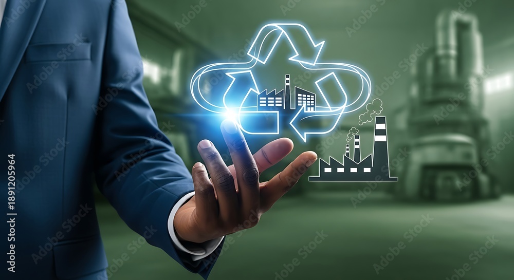 Obraz premium A professional hand interacts with a glowing recycling symbol over an industrial factory background representing sustainable practices