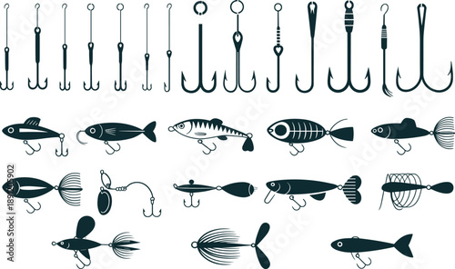 Flat vector illustration, black silhouette set of fishing hooks and lures including treble hooks, spinners, and bait shapes