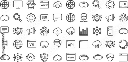 Minimal line digital technology icon set featuring SEO, cloud computing, virtual reality, analytics, security, API, web development, data networking symbols for mobile apps, dashboards