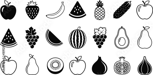 Fruit icon set showing assorted fresh fruits including apple, banana, watermelon, grapes and pineapple, black and outline vector illustrations isolated on white background