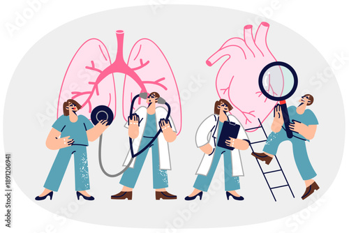 Consilium doctors examining patient giant heart and lungs to look for symptoms of disease
