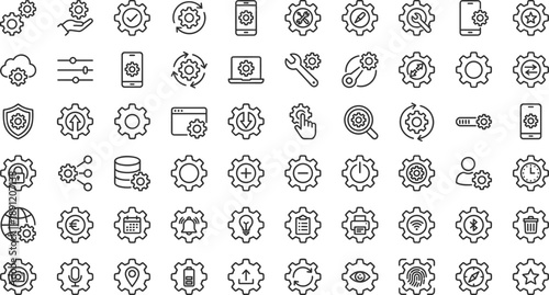Settings and configuration line icons set featuring gear system tools optimization security cloud mobile app controls automation interface symbols in minimal outline style for web apps dashboards