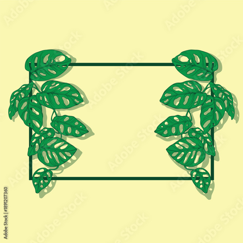 Tropical leaves and flowers border. Summer floral decoration. Horizontal summertime banner. Bright jungle background. Bright colors. Caribean beach party backdrop
