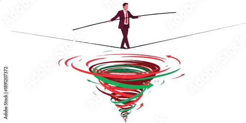 Businessman walks a tightrope above a colorful vortex symbolizing risk.