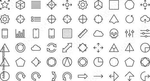 User interface and geometric line icons set featuring arrows shapes controls charts grids navigation symbols in minimal outline style for web apps dashboards software design systems