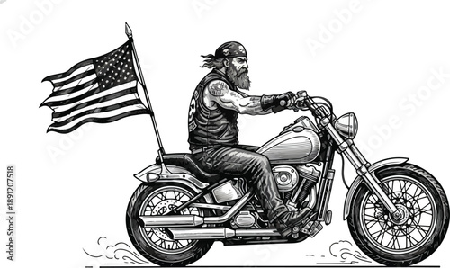 Bearded Biker Rides Motorcycle with American Flag.