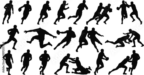 Rugby player silhouettes showing running, passing and tackling action poses, black vector illustration set isolated on white background for sports, competition and athletic design