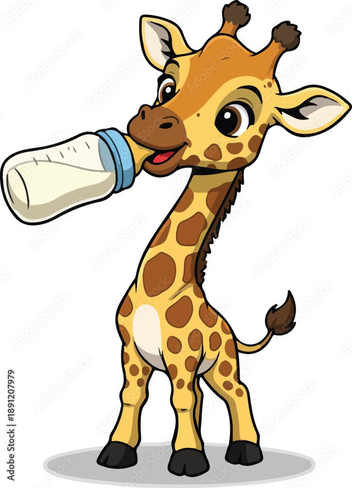 Obraz premium Cute baby giraffe drinking milk from a bottle.