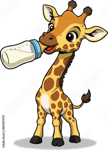 Cute baby giraffe drinking milk from a bottle.