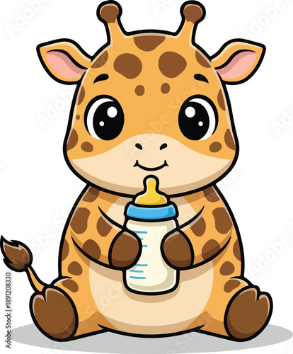 Adorable Cartoon Giraffe Holding Baby Bottle.