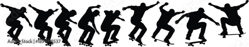 Skateboarding action sequence silhouette showing skateboarder performing tricks in motion, black vector illustration isolated on white background for sports, urban and youth design