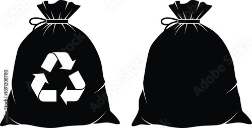 Two black garbage bags showing recycling and non recycling concept, waste management comparison, environmental protection idea, sustainability awareness symbol isolated on white background