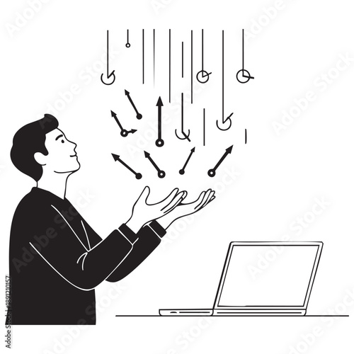 Man catching falling clock hands with laptop nearby