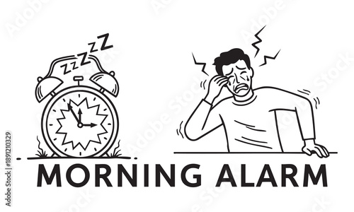 Man waking up to a loud alarm clock with zzz symbols Keywords: alarm clock, morning, waking up, man, tired, sleepy, alarm, ringing, sound, noise