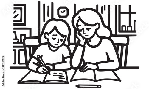 Mother and child struggling with homework at a table