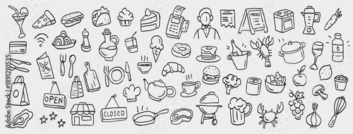 Doodle food and restaurant icons set with cooking, drinks, kitchen tools, menu, cafe and dining elements. Sketch style illustrations for branding, menus, apps, packaging and social media.