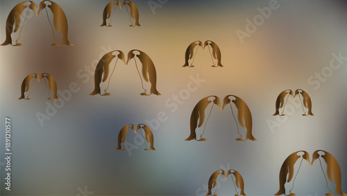 Scattered pattern of stylized golden penguins facing each other on a softly Gradient Background