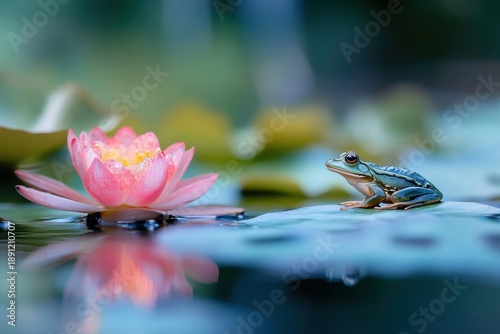 Frog resting on a lily pad near a blooming flower in a tranquil pond setting
