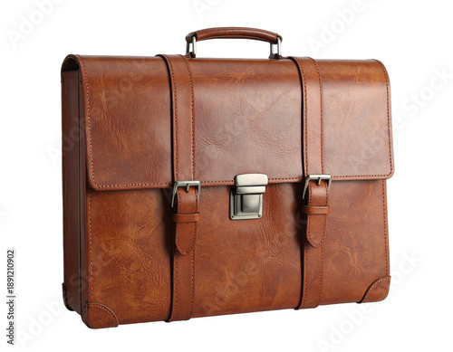 Classic brown leather briefcase with buckles and metal clasp
