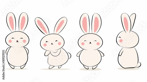 Cute cartoon rabbits in various poses with large ears and round bodies, showcasing playful expressions and soft pastel colors