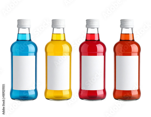 Four small glass bottles filled with brightly colored liquids, blank labels