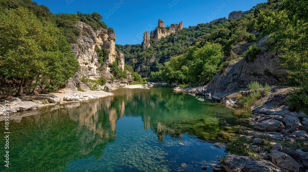 Fototapeta premium Serene Green River Reflecting Limestone Cliffs and Lush Greenery on a Sunny Day Under Blue Sky in Natural Outdoor Setting