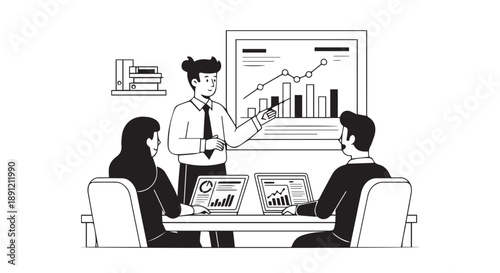 Business team analyzing data and graphs in a meeting room with a presenter