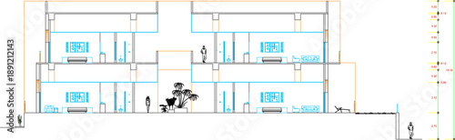 Vector sketch illustration silhouette design architectural engineering drawing of building section cafe restaurant with interior and size scale 