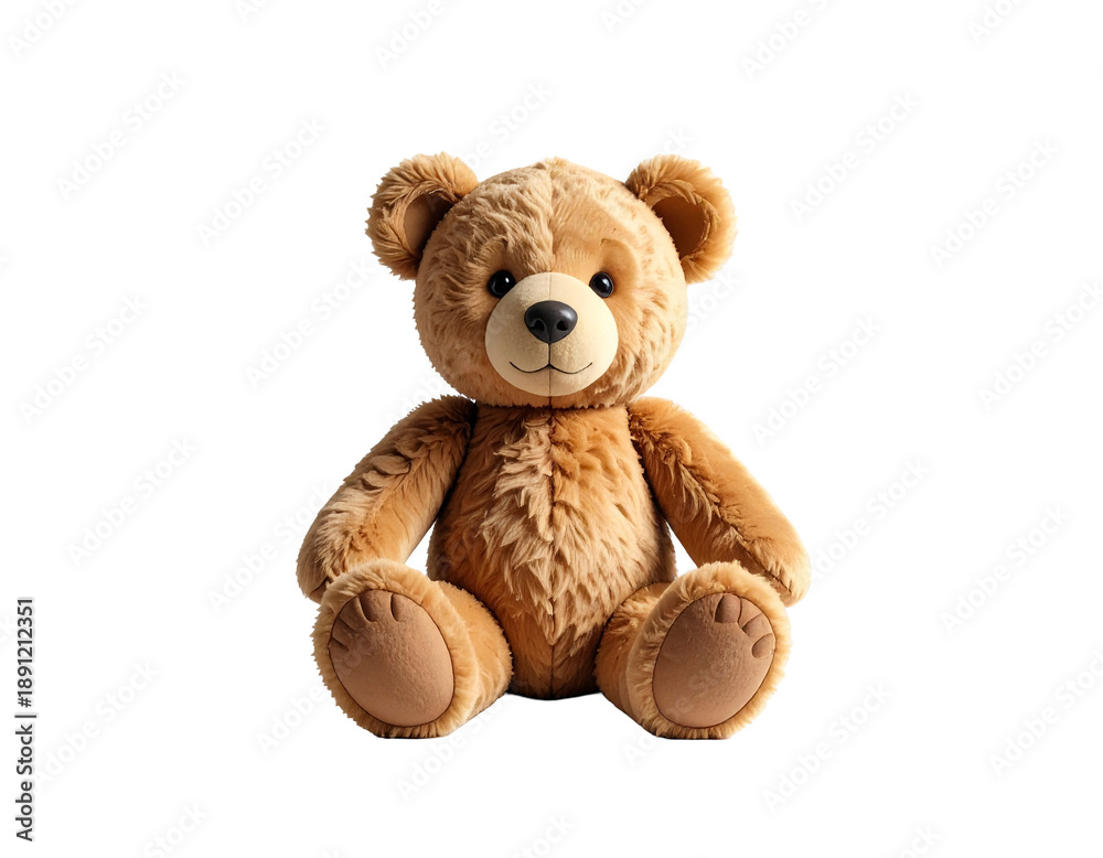 Fototapeta premium A fluffy brown teddy bear with a black nose and button eyes sits on a dark background
