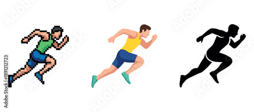 Evolution of running: pixel art, flat design, silhouette of male runner