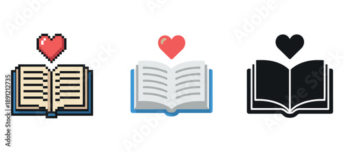 Pixel, outline, and silhouette books with hearts symbolizing love for reading