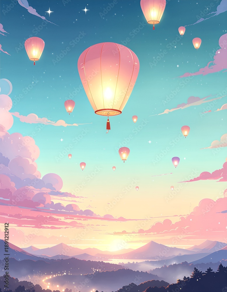 Fototapeta premium Magical Sky Lantern Festival at Sunset Over Mountains.