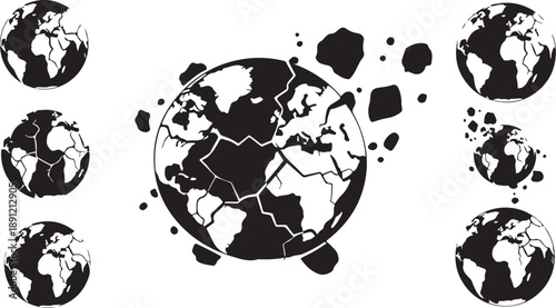 Black and white illustration of multiple earth globes exploding