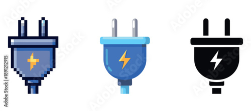 Three electric plugs featuring pixel art, flat design, and silhouette