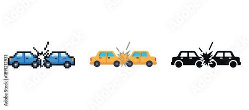 Pixelated car crash icons showing three different styles of vehicle collision