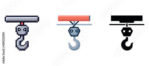 Colorful and monochrome hook designs illustrating industrial equipment