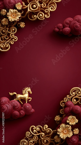 Luxury chinese background with festive oriental background detail showing golden horse decoration and swirling cloud pattern on red backdrop for elegant celebration design © Alexar_JavaCreator