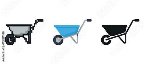 Set of three wheelbarrow icons in pixel, flat, and silhouette styles