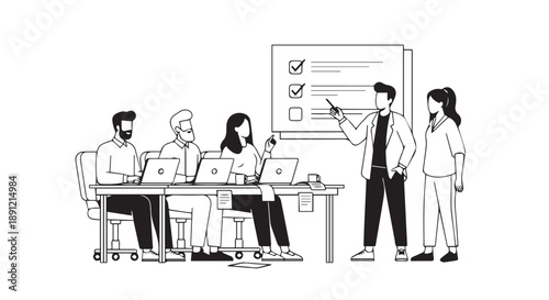 Business team meeting with laptops and checklist on board collaboration and planning concept