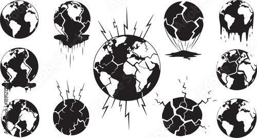 Black and white earth globe destruction icons set collection